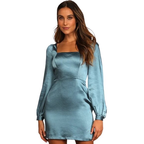 Lulus Got The Love Slate Blue Satin Square-Neck Mini Dress, NWT Women's Size L - Picture 1 of 13